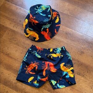 Crab Print Bucket Hat & Swim Set -  Navy with Bright Multi Crab Motif - 6/9 mths